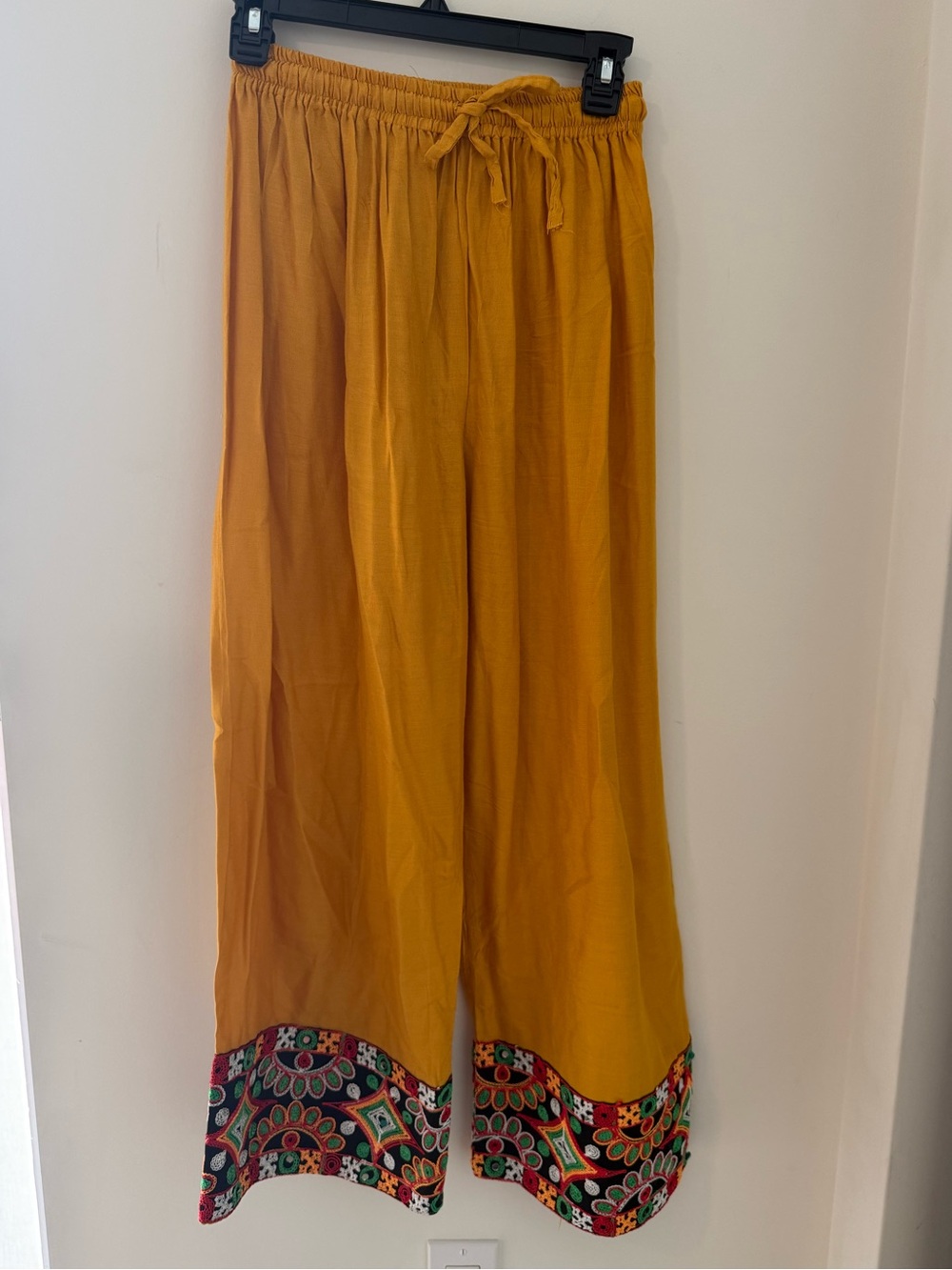 Mexican Yellow Wide-Leg Drawstring Pants with Printed Hem